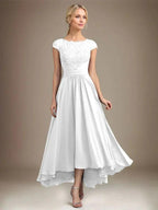 A-line Scoop Illusion Asymmetrical Lace Chiffon Mother of the Bride Dress With Pleated