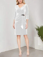 Short Velvet Sheath Dress with Surplice Neckline, Cascade Skirt and Embellishment Detail at Hip