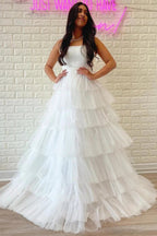 White Strapless Tiered A-Line Long Prom Dress with Ruffles  PSK410