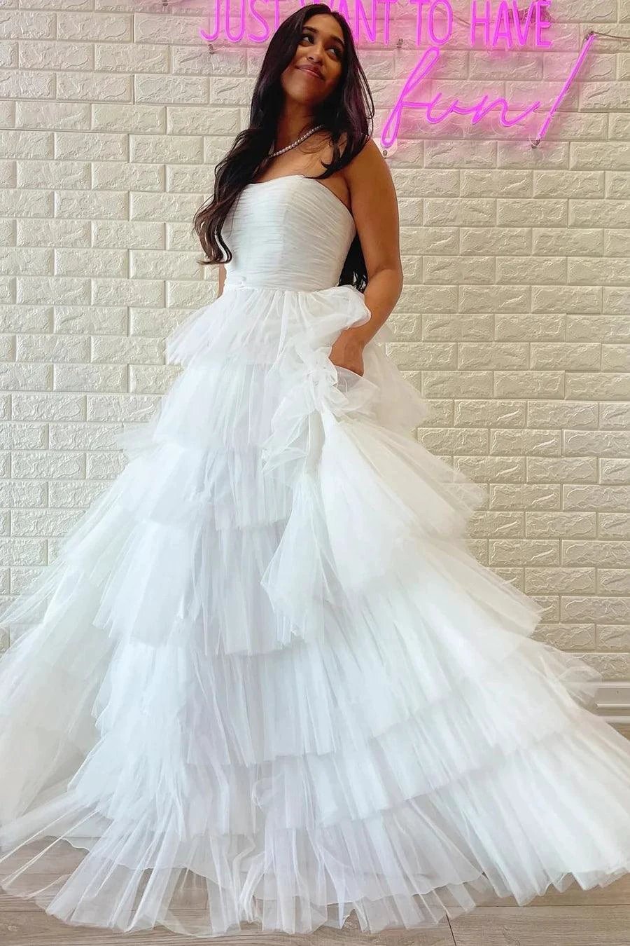 White Strapless Tiered A-Line Long Prom Dress with Ruffles  PSK410