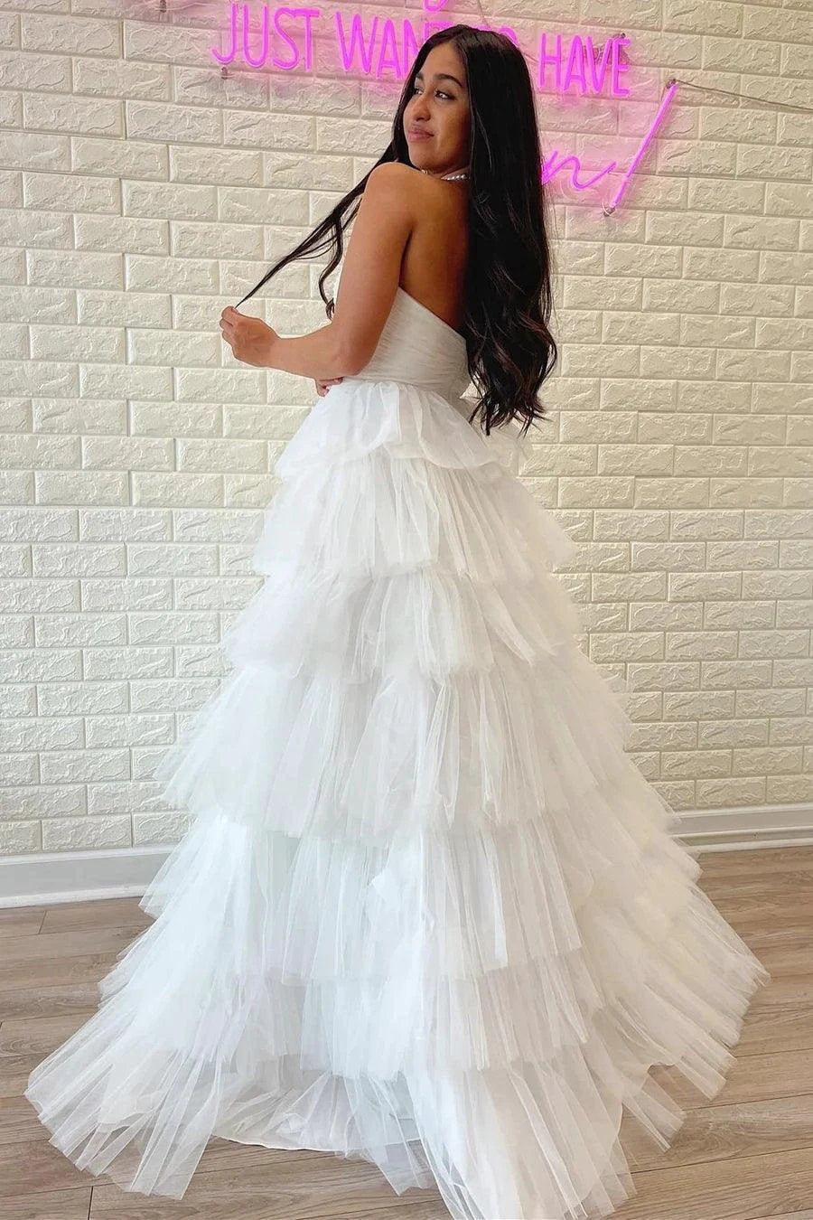 White Strapless Tiered A-Line Long Prom Dress with Ruffles  PSK410