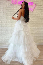 White Strapless Tiered A-Line Long Prom Dress with Ruffles  PSK410