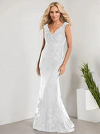 A-line V-Neck Floor-Length Lace Chiffon Mother of the Bride Dress With Applique Sequins Mermaid Dresses