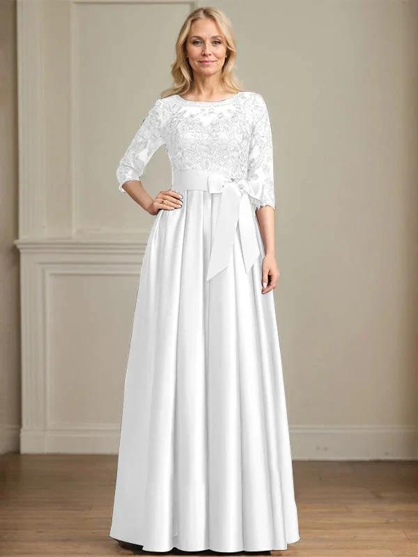 A-line Scoop Illusion Floor-Length Satin Lace Mother of the Bride Dress With Sequins Bow