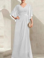 Sheath/Column V-Neck Floor-Length Chiffon Mother of the Bride Dress With Pleated Sequins Beading