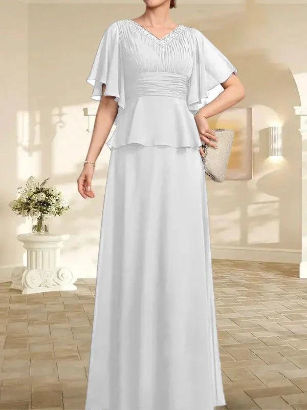 A-line V-Neck Floor-Length Chiffon Mother of the Bride Dress With Pleated Beading