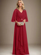 A-line V-Neck Floor-Length Chiffon Mother of the Bride Dress With Cascading Ruffles Crystal Brooch