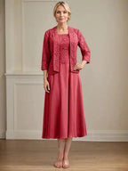 A-line Scoop Tea-Length Lace Chiffon Mother of the Bride Dress