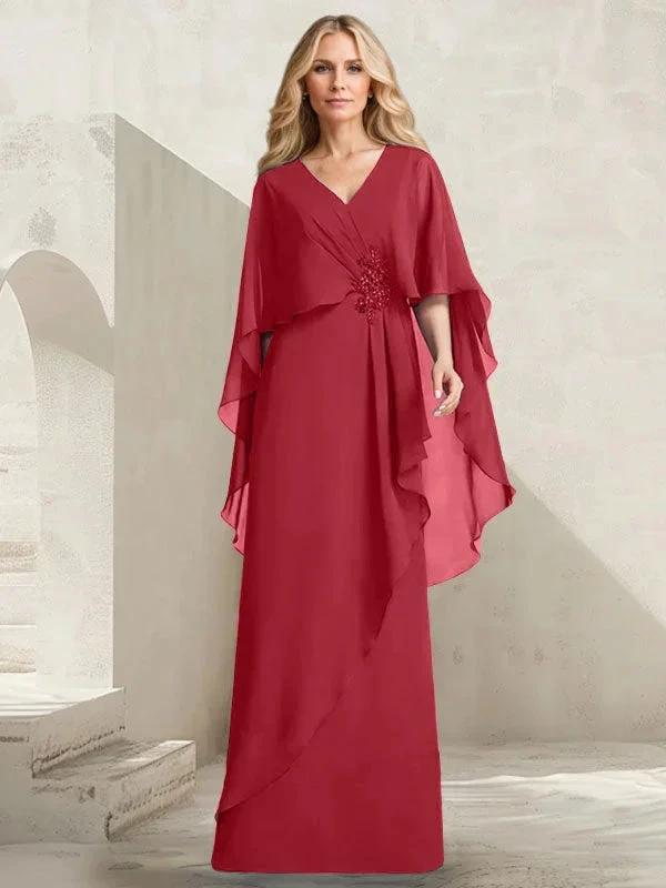 A-line V-Neck Floor-Length Chiffon Mother of the Bride Dress With Cascading Ruffles Beading