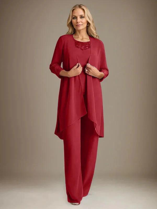 Chiffon Scoop Long Sleeves Mother Of The Bride Pantsuits With Jacket