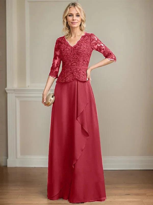 A-line V-Neck Floor-Length Lace Chiffon Mother of the Bride Dress With Cascading Ruffles Sequins