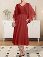 A-line V-Neck Tea-Length Chiffon Lace Mother of the Bride Dress With Beading Sequins