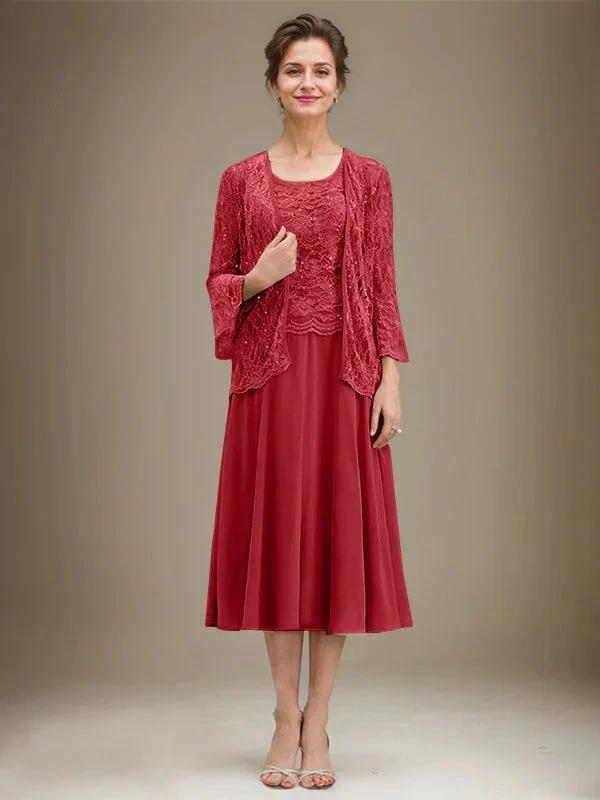 A-line Scoop Tea-Length Lace Chiffon Mother of the Bride Dress With Sequins