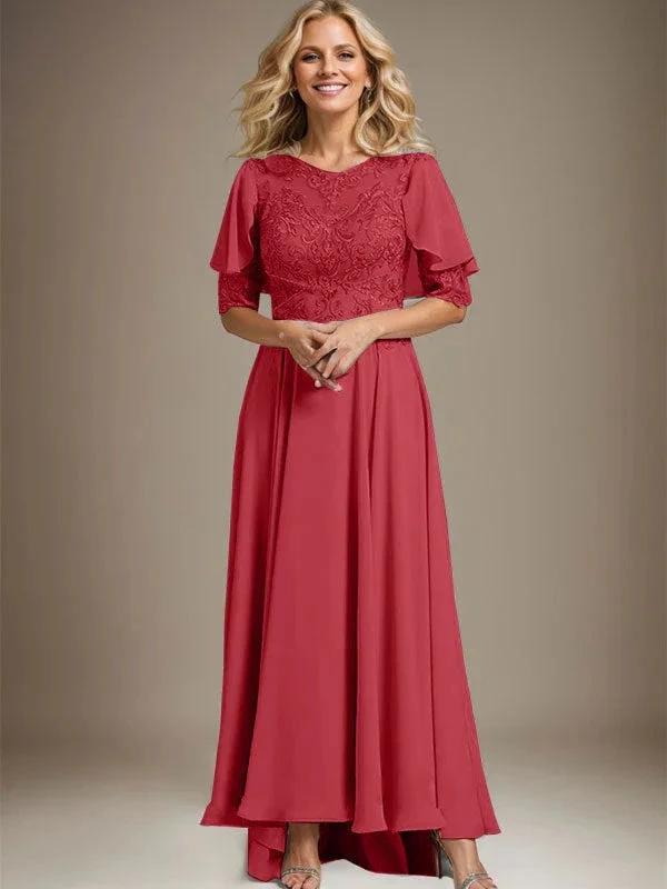 A-line Scoop Illusion Asymmetrical Chiffon Lace Mother of the Bride Dress With Beading