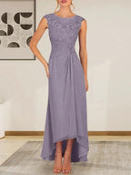 Champagne A-Line Scoop Lace Chiffon Dress
