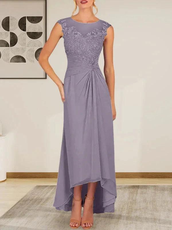 Champagne A-Line Scoop Lace Chiffon Dress
