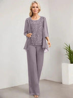 Separates Jumpsuit/Pantsuit Scoop Floor-Length Lace Chiffon Mother of the Bride Dress With Sequins