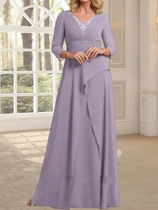 A-line V-Neck Floor-Length Chiffon Mother of the Bride Dress With Pleated Beading