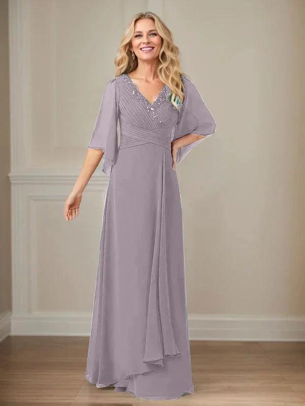 A-Line V-Neck Long Sequins Chiffon Mother Dress