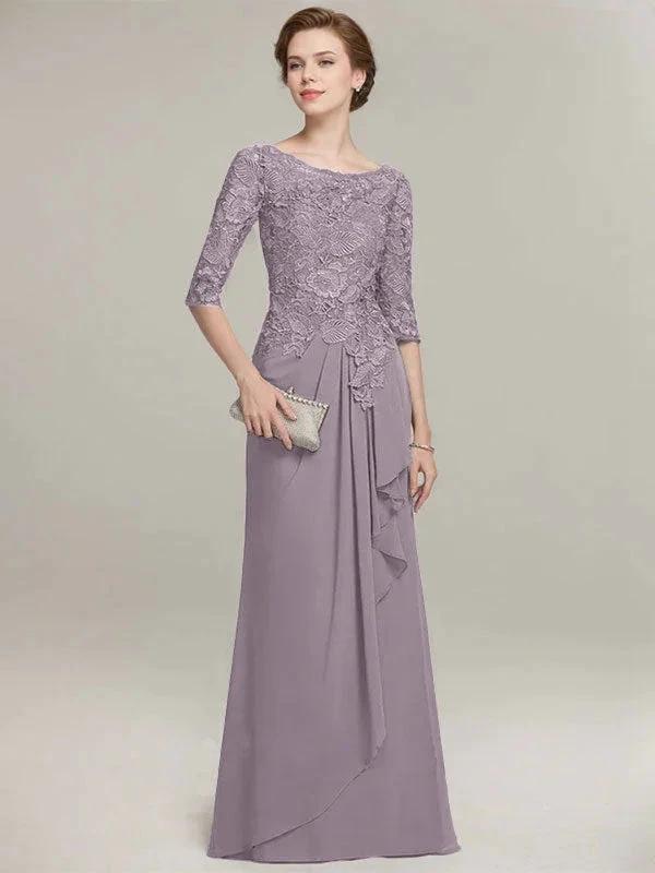 A-line Scoop Illusion Floor-Length Lace Chiffon Mother of the Bride Dress With Cascading Ruffles