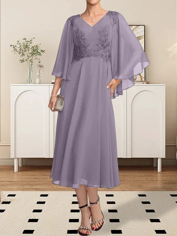 A-line V-Neck Tea-Length Chiffon Lace Mother of the Bride Dress With Beading Sequins