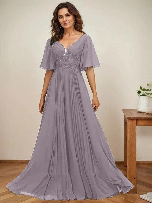 A-line V-Neck Floor-Length Chiffon Mother of the Bride Dress With Sequins Appliques Lace Pleated