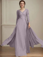A-line V-Neck Floor-Length Lace Chiffon Mother of the Bride Dress With Sequins