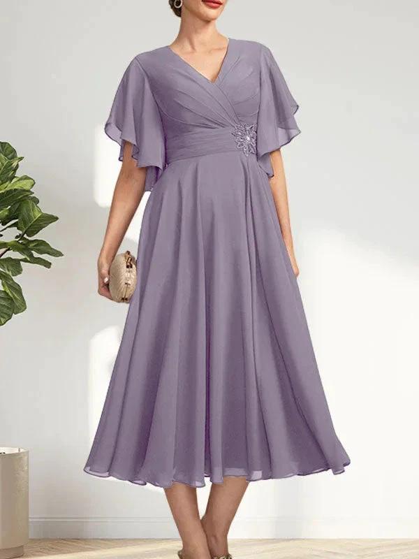 A-line V-Neck Tea-Length Chiffon Mother of the Bride Dress With Pleated Beading