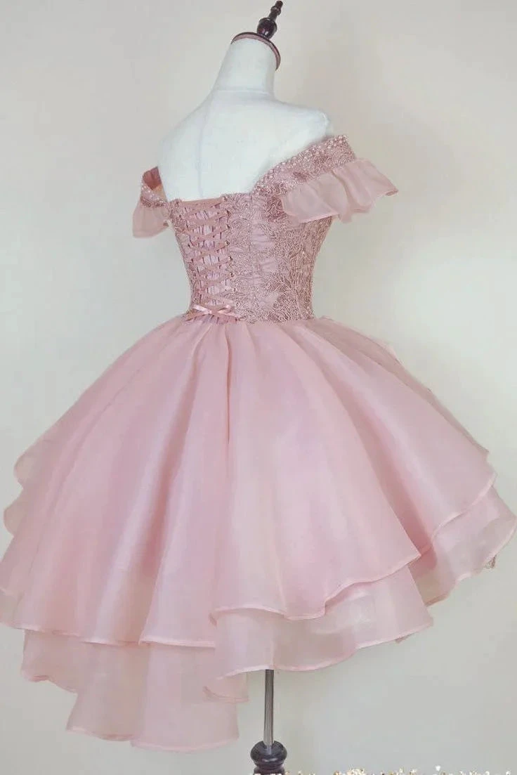 Princess Pink Lace Applique Short Homecoming Dress Y2502