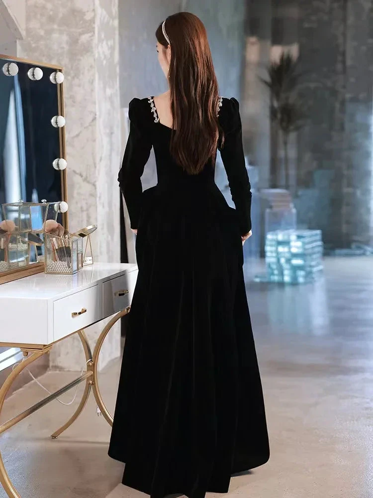 Black evening dress,high sense velvet long sleeve evening dress, custom made Y2934