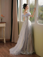 Purple Off Shoulder Sequin Tulle Long Prom Dress Purple Formal Evening Dresses Y4659