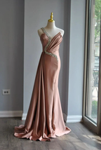 Rose Pink Crystal Beaded Evening Dress One Shoulder Satin Mermaid Long Prom Dress Y8519
