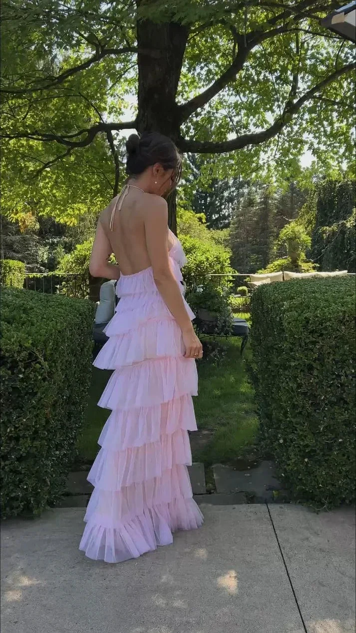 Sexy Halter Pink Layered Long Prom Evening Dresses,Chic Formal Gown Y1586