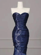 Gorgeous Nevy Blue Mermaid Strapless Pleated Long Prom Dress Evening Dress Y7987