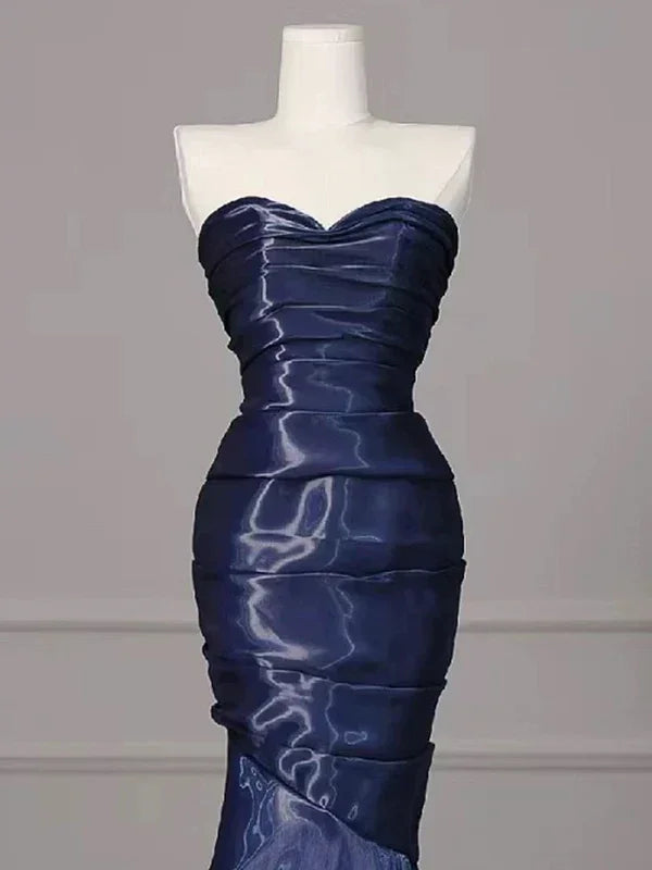 Gorgeous Nevy Blue Mermaid Strapless Pleated Long Prom Dress Evening Dress Y7987