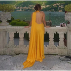 Yellow Satin Backless Off-Shoulder Long Prom Dress Evening Dress Y8466