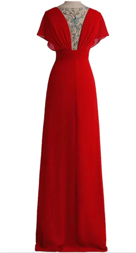 Sexy deep v-neck red evening dress chiffon crystal back formal evening dress gown Y1005