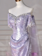 Glitter Lilac Sequin Tulle Beaded Mermaid Slit Evening Dress Off The Shoulder Tulle Appliques Prom Dress Y8632