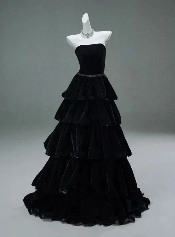 Chic Black A-line Layered Evening Dress Black Strapless Evening Gown Y4378