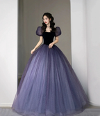 Purple Tulle Short Sleeve Formal Dress Cute A-Line Evening Dress Y4291