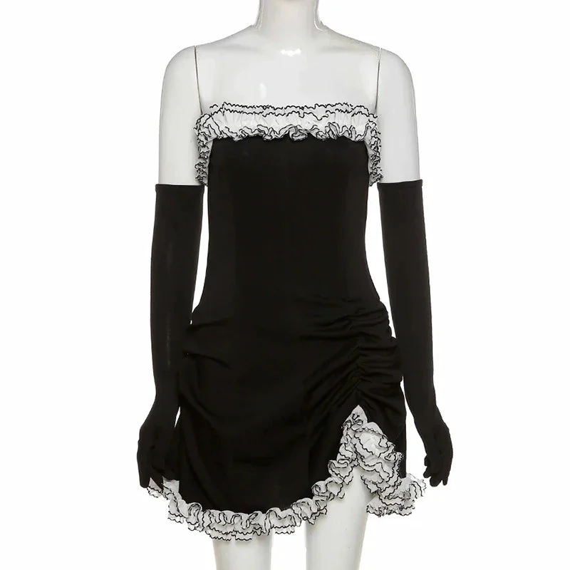 Black Party Tube Skirt Irregular White Ruffle Bandage Dress Black Homecoming Dress Y2617