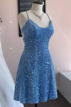 Blue Sheath Sequins Lace-Up Mini Homecoming Dress Y3007