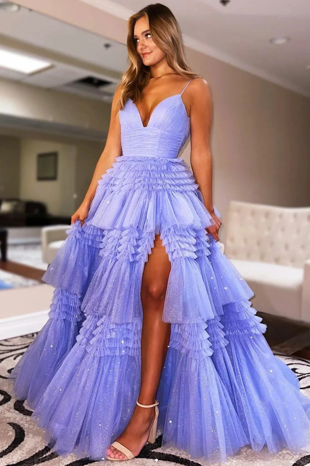 Purple Tulle Long A-Line Prom Dress, V-Neck Evening Dress with Slit Y1687