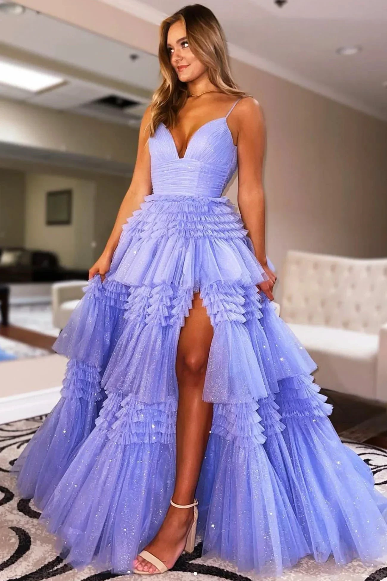 Purple Tulle Long A-Line Prom Dress, V-Neck Evening Dress with Slit Y1687