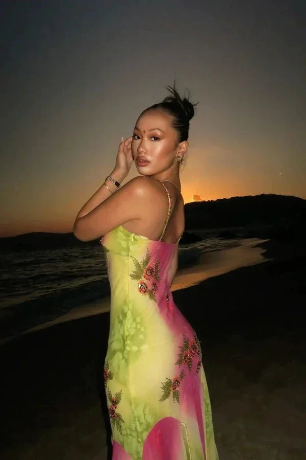 Pink Green Gradient Beaded Spaghetti Strap Chiffon Long Ruffled Evening Dress Party Prom Dress Y8495