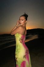 Pink Green Gradient Beaded Spaghetti Strap Chiffon Long Ruffled Evening Dress Party Prom Dress Y8495