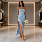 Chic Blue Strapless Satin Print Floral Long Prom Dress Sheath Slit Evening Dress Y8152