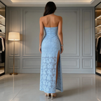 Chic Blue Strapless Satin Print Floral Long Prom Dress Sheath Slit Evening Dress Y8152