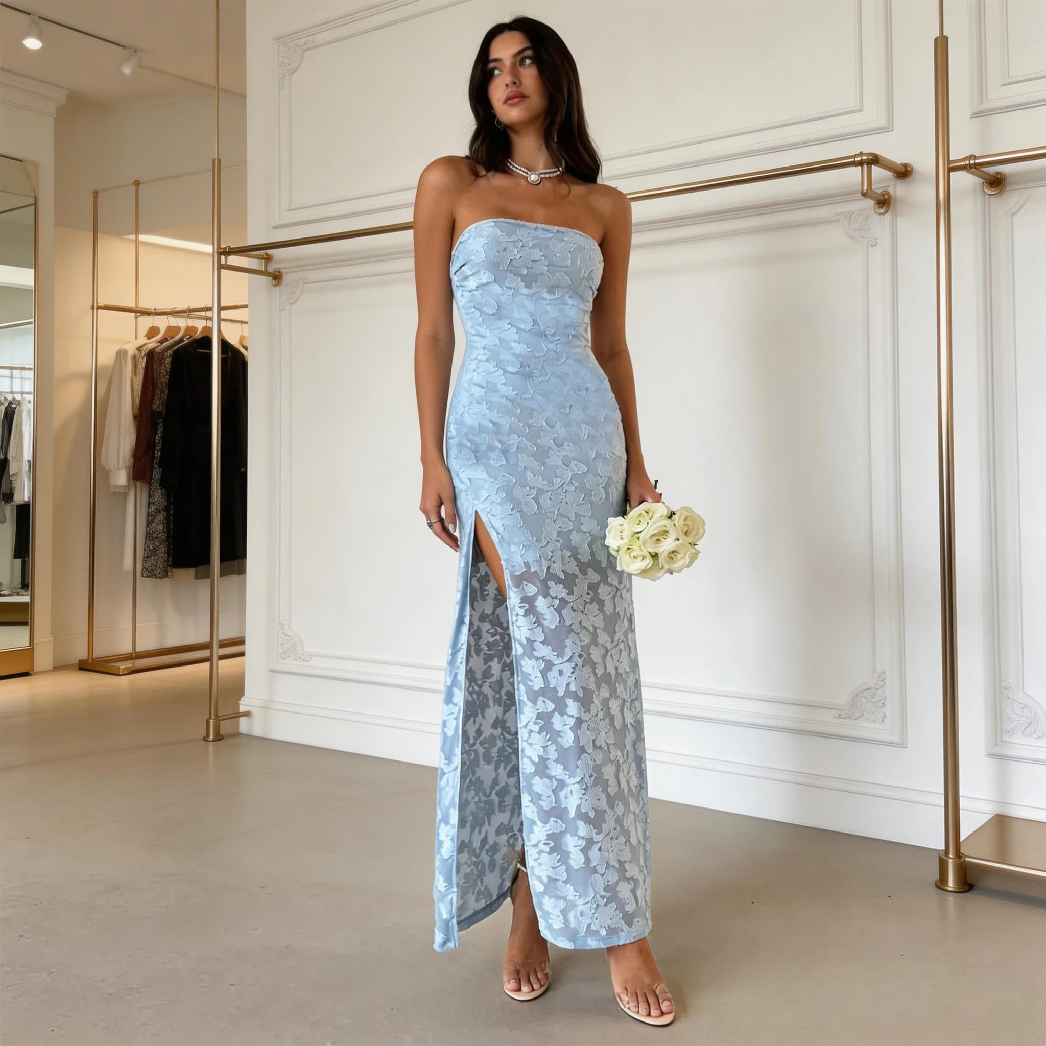 Chic Blue Strapless Satin Print Floral Long Prom Dress Sheath Slit Evening Dress Y8152