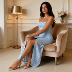 Chic Blue Strapless Satin Print Floral Long Prom Dress Sheath Slit Evening Dress Y8152